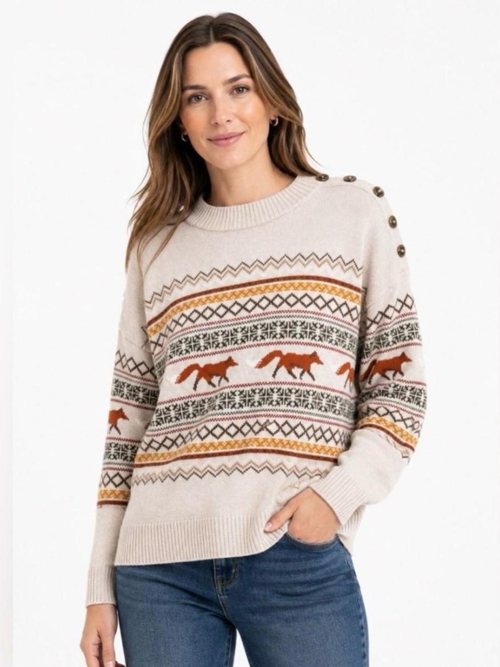 🦊 Talbots Cream Fair Isle Crewneck Sweater with Fox Motif